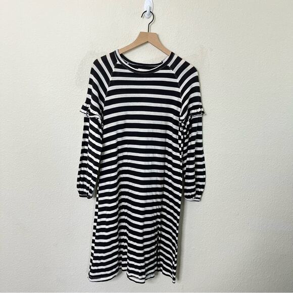 THE GREAT Stripe Ruffle Balloon Sleeve Mini Dress Black White Size 0 US / XS - Picture 2 of 7